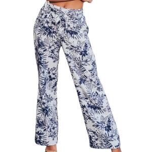 Beau Dawson Blue White Floral Linen Blend Wide Leg Tie Front Pants size M 8-10